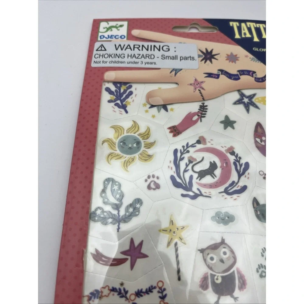 Djeco Glow In The Dark Temporary Tattoos Kids Animals Sun Moon Stars NEW